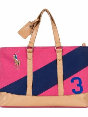 Polo Ralph Lauren Pink Canvas Polo Tote Tan Leather Trim Pony Logo Travel Bag